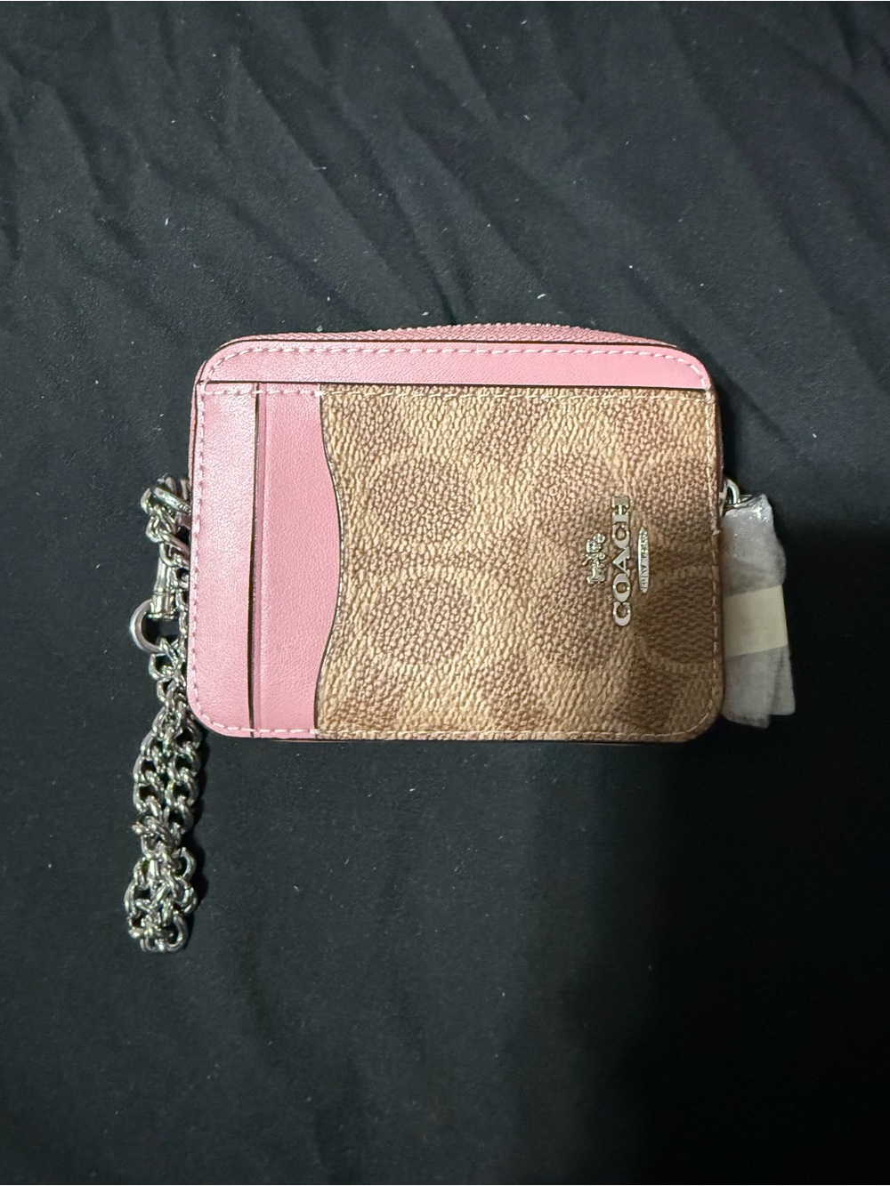 Coach Brown Canvas Card Case with Pink Trim and Silver Chain